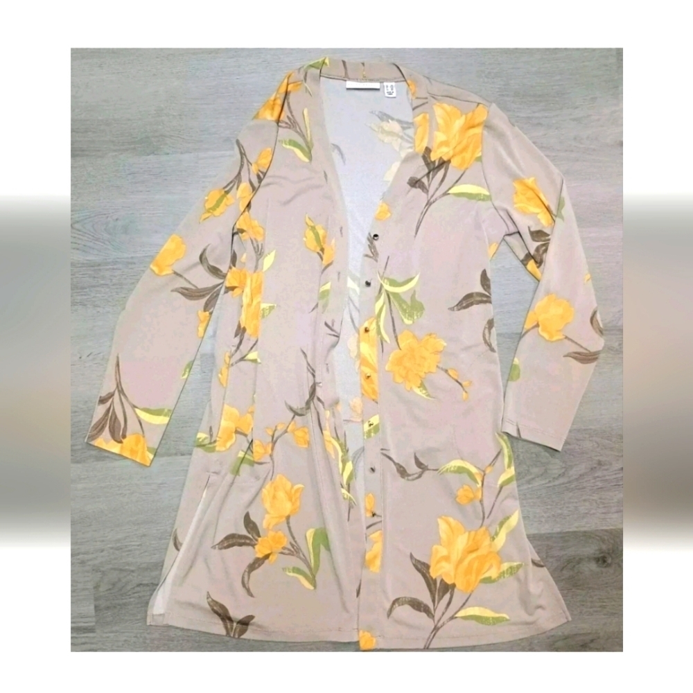 Susan Graver Liquid Knit Tan Yellow Floral Long Cardigan Duster Size S Petite